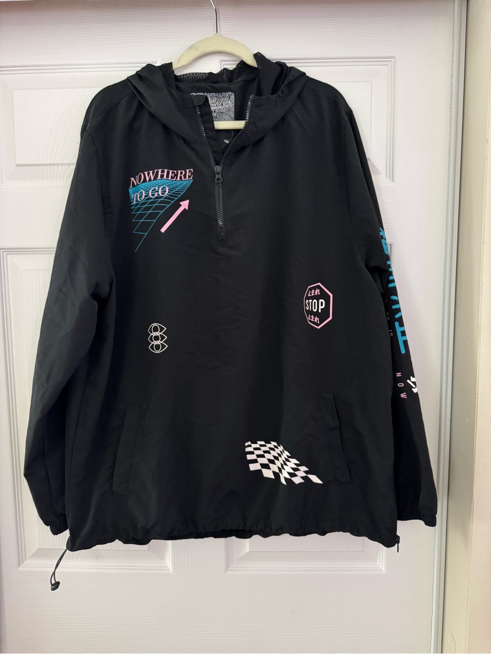Brooklyn Cloth Black Hooded Anorak with Pink & Teal Graphics